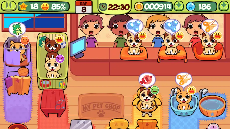 Aspeto do jogo My Virtual Pet Shop com cães e gatos numa loja de animais