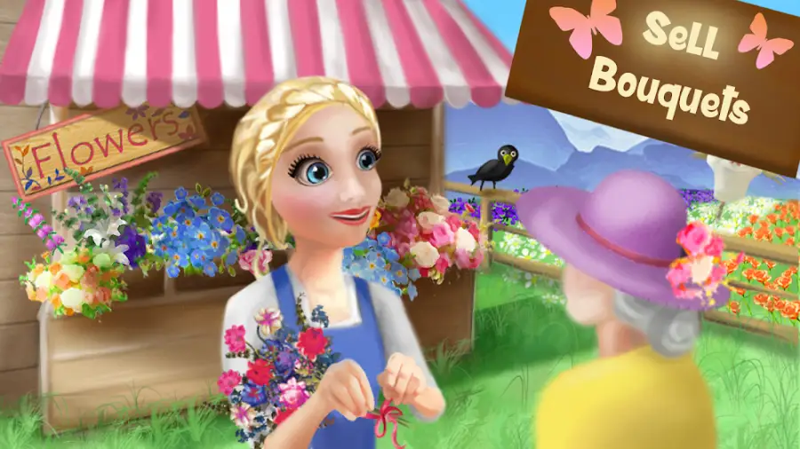Aspeto do jogo Petal Farm com uma banca de flores no campo